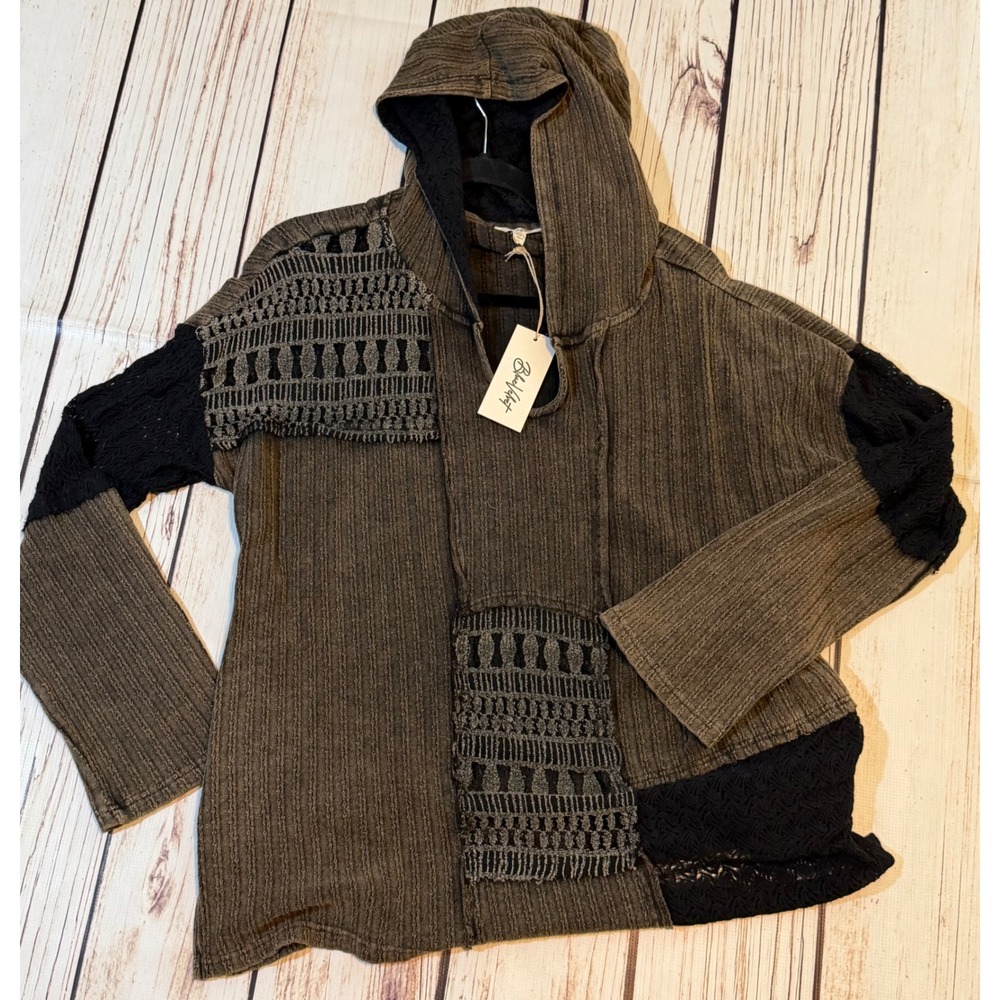 Blue Velvet Mixed Media Crochet Lace Patchwork Hooded Cardigan Gray Black XL NWT